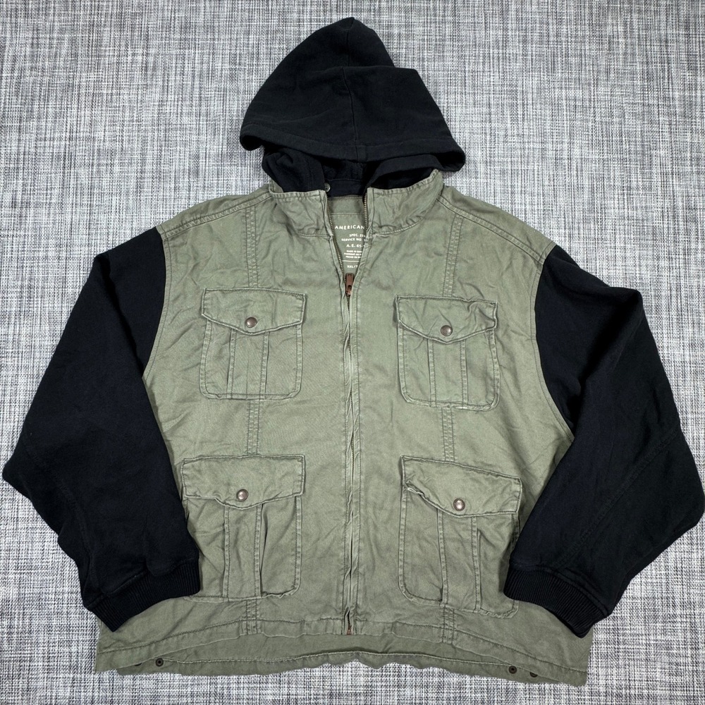 American Eagle Jacket Womens XXL Olive Black Hooded Lyocell Full Zip Utility